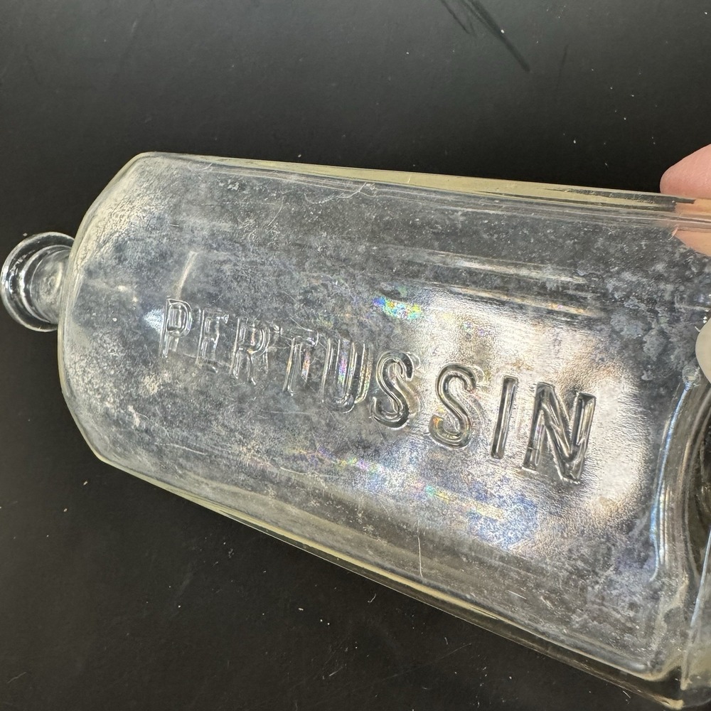 Antique Pertussin Cough Remedy Embossed Glass Bottle Octagonal Iridescent‎ 1910
